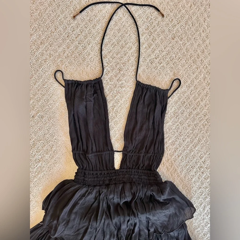 Free People Black Boho Maxi Dress Smocked Waist Short Sleeve Size S - Picture 4 of 8